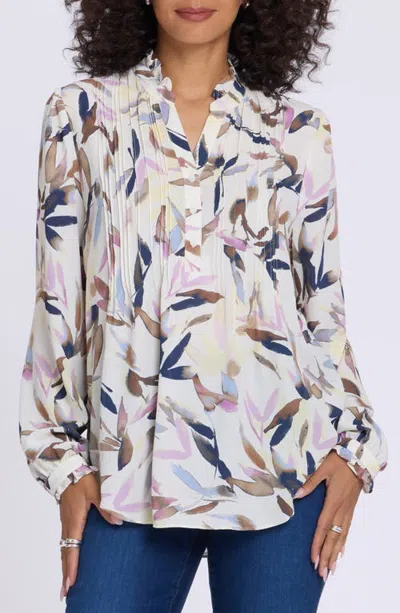 Nydj Pleated Yoke Long Sleeve Peasant Blouse In Multi