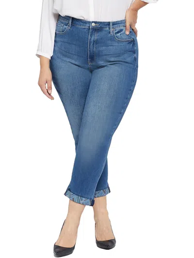 Nydj Plus Girlfriend Womens Printed Cuff Medium Wash Skinny Jeans In Multi