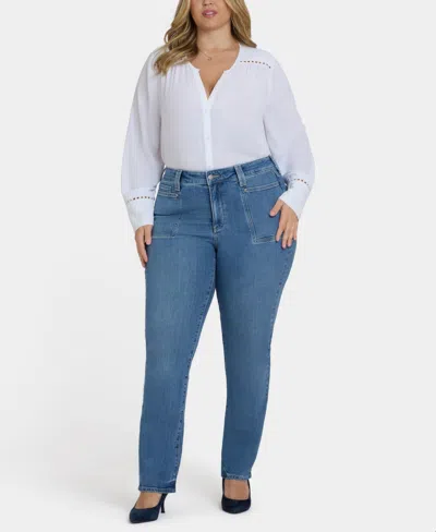 Nydj Plus Marilyn Straight Jeans With Front Patch Pockets In Blue