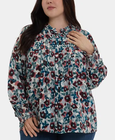 NYDJ PLUS SIZE PLEATED PEASANT LONG SLEEVE TOP