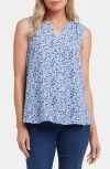 Nydj Print Pleat Back Sleeveless Split Neck Blouse In Blue