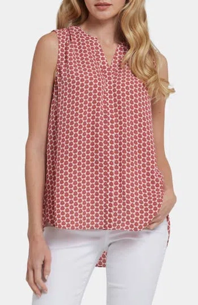 Nydj Print Pleat Back Sleeveless Split Neck Blouse In Red