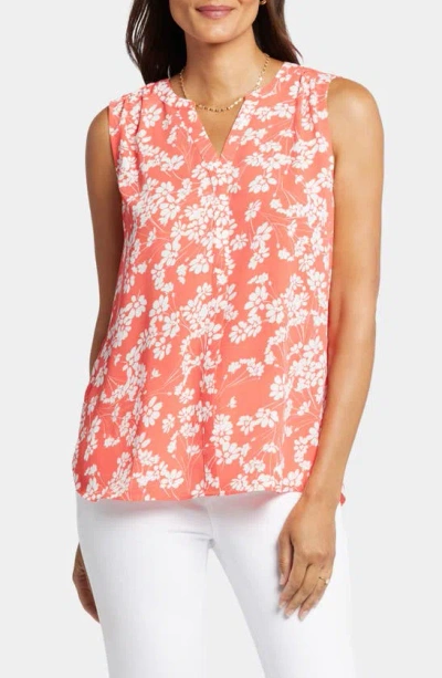 Nydj Print Pleat Back Sleeveless Split Neck Blouse In Pink