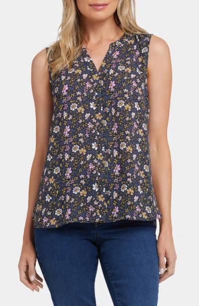 Nydj Print Pleat Back Sleeveless Split Neck Blouse In Marisol