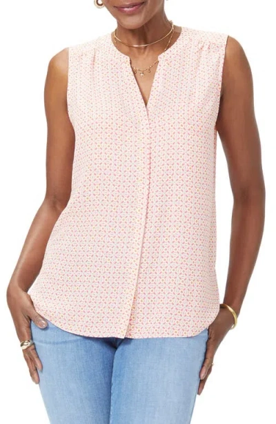 Nydj Print Pleat Back Sleeveless Split Neck Blouse In Pink
