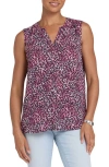 Nydj Print Pleat Back Sleeveless Split Neck Blouse In Purple