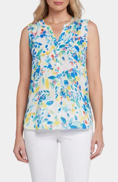 Nydj Print Pleat Back Sleeveless Split Neck Blouse In Multi