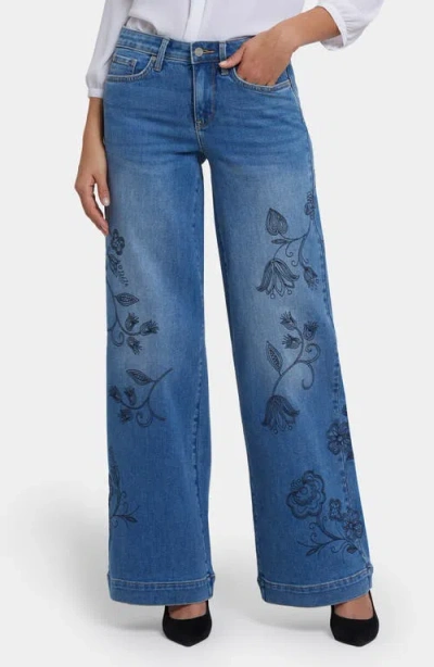 Nydj Teresa Embroideredhigh Waist Wide Leg Jeans In Blue