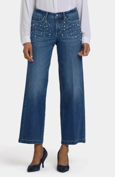 Nydj Teresa Rhinestone & Faux Pearl Wide Leg Jeans In Blue