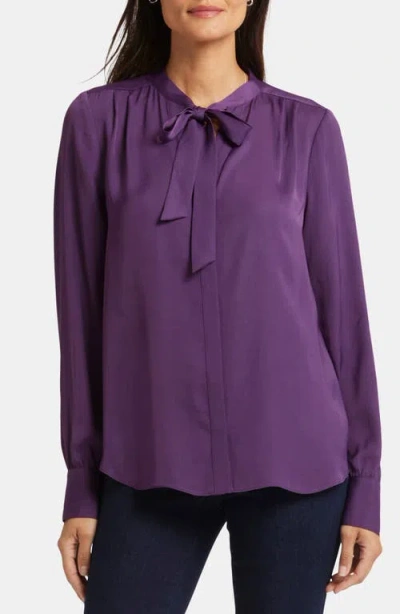Nydj Tie Neck Satin Button-up Shirt In Grape Royale