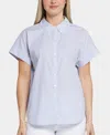 Nydj Maya Stripe Short Sleeve Button-up Shirt In Blue Stripe