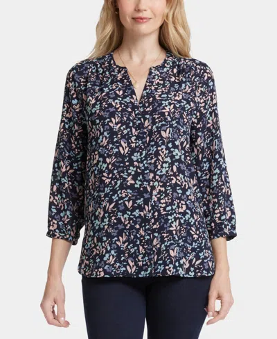 Nydj Three Quarter Sleeve Printed Pintucked Back Blouse In Blue