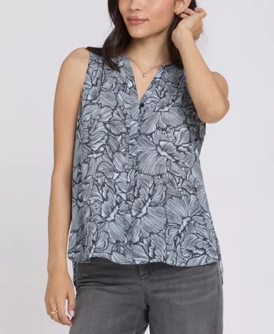 Nydj Print Pleat Back Sleeveless Split Neck Blouse In Black