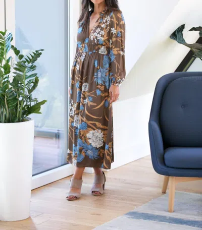 Nyland Carol Ruffle Collar Midi Dress In Brown Floral In Multi