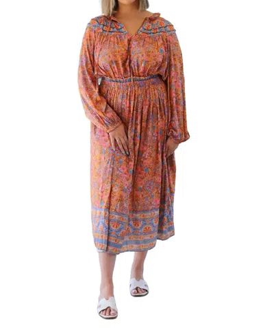 Nyland Judith Longsleeve Split Neck Long Dress In Marmalade Multi