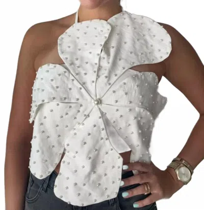 Nylon Apparel Pearl Detail Halter Crop Top In White In Grey