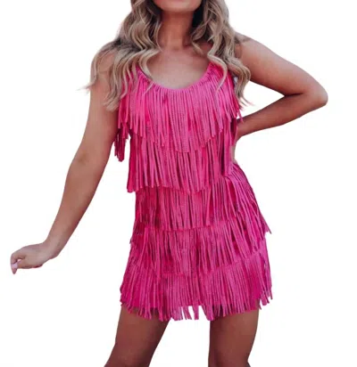 Nylon Apparel Rhinestone Fringed Layer Cha Cha Dress In Fuchsia In Pink