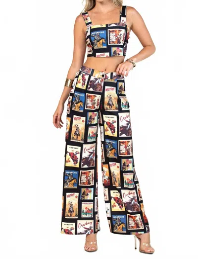 Nylon Apparel Western Cowboy Stamps Print Wide Leg Slack Pants In Multi-colored