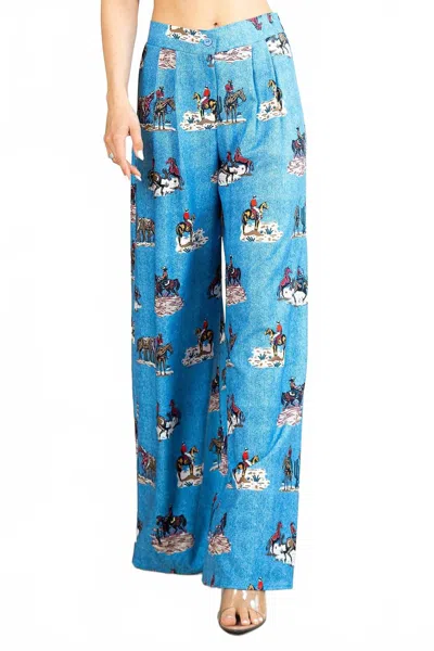 Nylon Apparel Western Running Horses Print Elastic Wide Pants In Blue