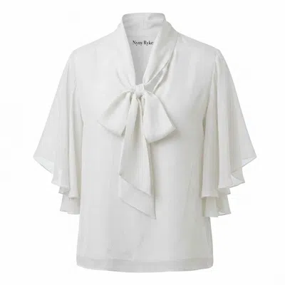 Nyny Ryke Women's Ada, White Bow Tie Silk Blouse, Sophisticated Day-to-evening Top