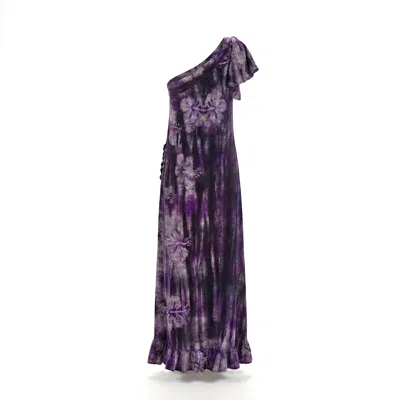 Nyny Ryke Women's Wilma, One-shoulder Batik Maxi Dress Purple Floral Cotton Dress