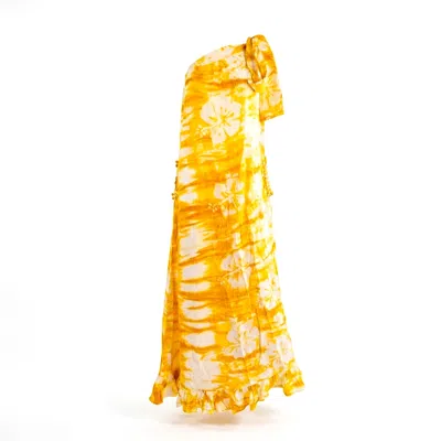 Nyny Ryke Women's Wilma, One-shoulder Batik Maxi Dress Yellow Floral Summer Dress