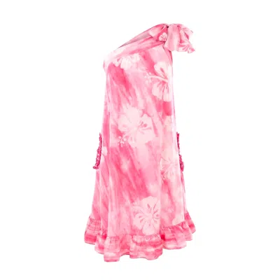 Nyny Ryke Women's Wilma Sh, One-shoulder Pink Midi Dress Floral Cotton Summer Dress
