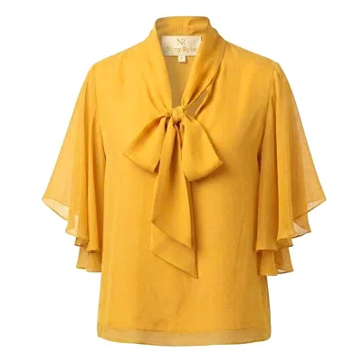 Nyny Ryke Women's Yellow Ada, Mustard Bow Tie Silk Blouse, Sophisticated Day-to-evening Top