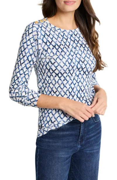 Nzt By Nic+zoe Denim Diamonds Button Detail Cotton Top In Blue Multi