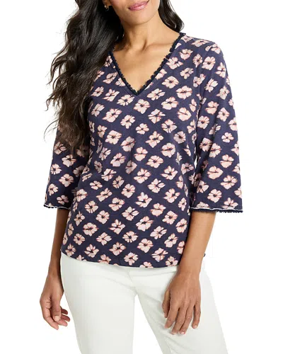 Nzt By Nic+zoe Geo Garden Elbow Sleeve Fringe Tee In Blue
