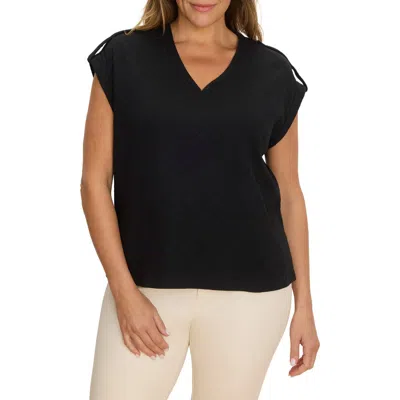 Nzt By Nic+zoe Lace Knit Cap Sleeve Cotton T-shirt In Black