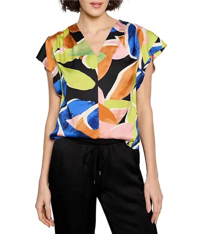 Nzt By Nic+zoe Mega Blooms Flutter Woven Top In Green Multi