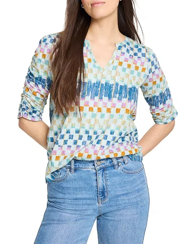 Nzt By Nic+zoe Painted Blocked Ruched Sleeve Top In Blue Multi