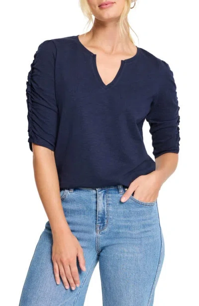Nzt By Nic+zoe Ruched Elbow Sleeve Split V-neck T-shirt In Dark Indigo