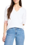 Nzt By Nic+zoe Ruched Elbow Sleeve Split V-neck T-shirt In Paper White