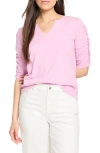 Nzt By Nic+zoe Ruched Elbow Sleeve Split V-neck T-shirt In Pink Hue