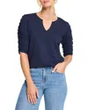 Nzt By Nic+zoe Ruched Elbow Sleeve Split V-neck T-shirt In Dark Indigo