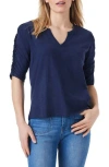 Nzt By Nic+zoe Ruched Elbow Sleeve Split V-neck T-shirt In Dark Indigo