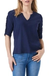 Nzt By Nic+zoe Ruched Elbow Sleeve Split V-neck T-shirt In Dark Indigo