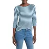 Nzt By Nic+zoe Three Quarter Sleeve Stripe Boat Neck Tee In Aqua Multi