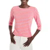 Nzt By Nic+zoe Three Quarter Sleeve Stripe Boat Neck Tee In Pink Multi