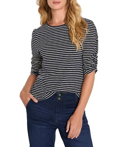 Nzt By Nic+zoe Striped Ruched Elbow Sleeve Top In Black