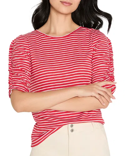 Nzt By Nic+zoe Striped Ruched Elbow Sleeve Top In Red