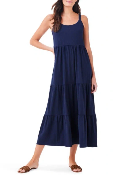 Nzt By Nic+zoe Tiered Cotton Blend Midi Sundress In Dark Indigo