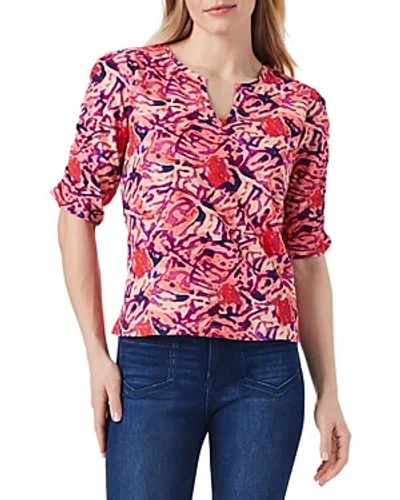 Nzt Nic+zoe Blurred Floral Ruched Elbow Sleeve Tee In Pink Multi