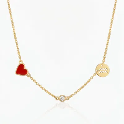Oak & Luna Inez Red Heart Necklace With Diamond & Zodiac Sign In Gold