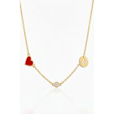 Oak & Luna Inez Red Heart Necklace With Diamond & Zodiac Sign In Gold