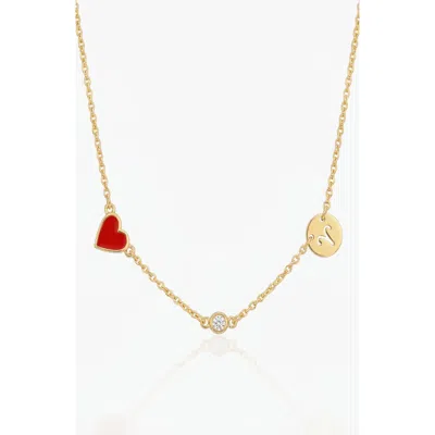 Oak & Luna Inez Red Heart Necklace With Diamond & Zodiac Sign In Gold