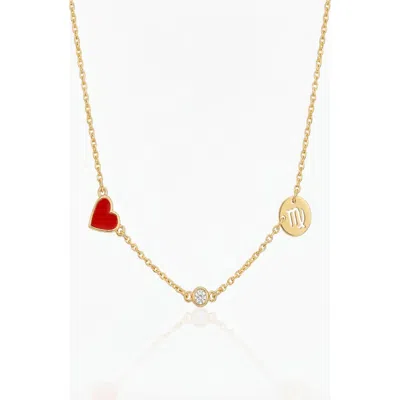 Oak & Luna Inez Red Heart Necklace With Diamond & Zodiac Sign In Gold
