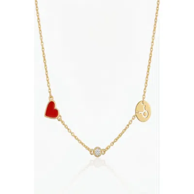 Oak & Luna Inez Red Heart Necklace With Diamond & Zodiac Sign In Gold